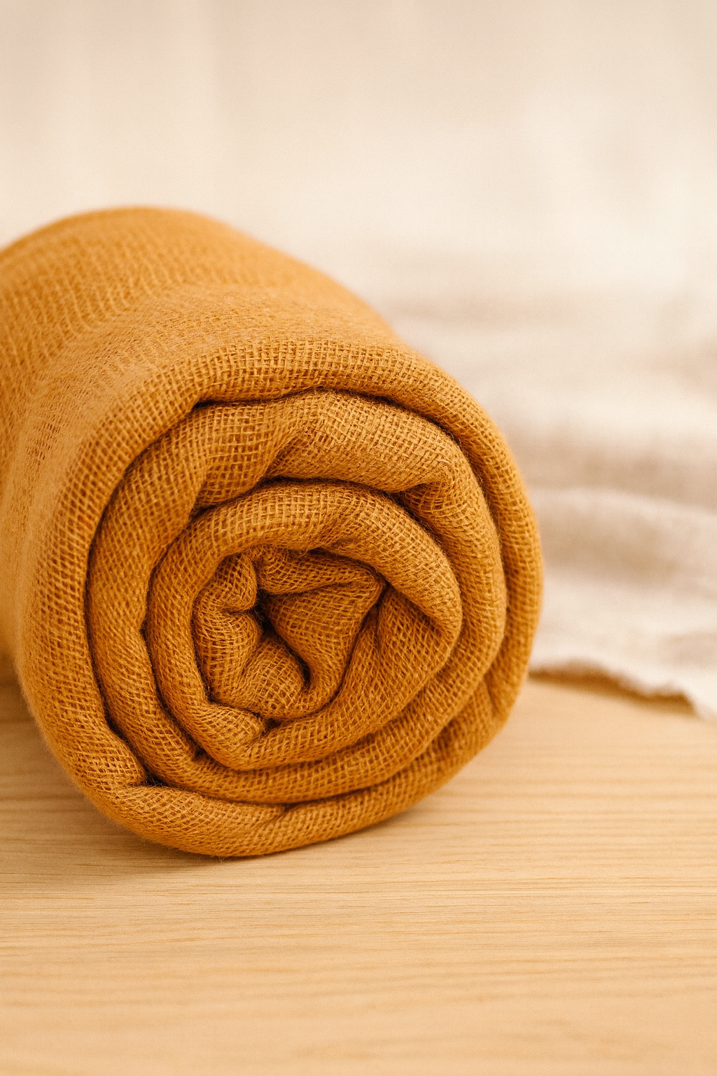 Rolled orange cotton muslin on a wooden surface