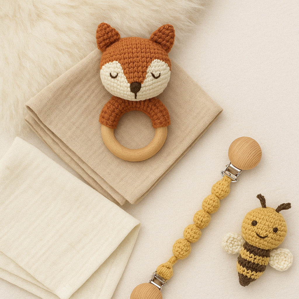 Crocheted fox rattle and bee pacifier clip on a soft beige background